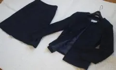 大きいサイズトランスワーク濃紺ツイードスーツ４６ノーカラージャケットスカート入学