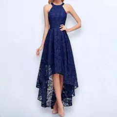 未使用 レースフィッシュテールドレス ノースリーブワンピース パーティー S 青