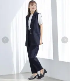 ネイビー ノーカラー パンツセットアップ