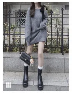 ワンショルダーベロアリボンニットミニワンピース　dr796