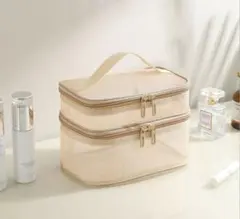 【未使用品】メッシュ スクエア型 バニティポーチ　2層式 コスメトラベルポーチ