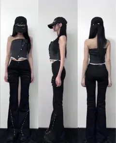 andwang Studs point pocket flare pants 黒