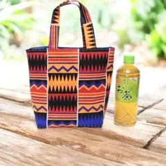 アフリカ布マチ付きトートバッグ、エコバッグ、お弁当バッグ、ハンドメイド、G181