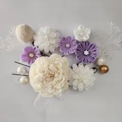 204　つまみ細工髪飾り　ホワイト×パープル七五三成人式卒業式