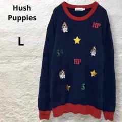 Hush Puppies 刺繍入り セーター クルーネック 長袖 ネイビー L