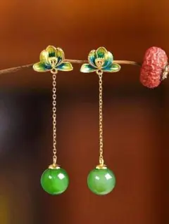 蓮とビーズのロングピアス【新品】ロータス　チェーン