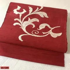 ま*ん様 名古屋帯 深紅 赤系 唐草文様 正絹 シンプル 上品 お太鼓柄 洒落着