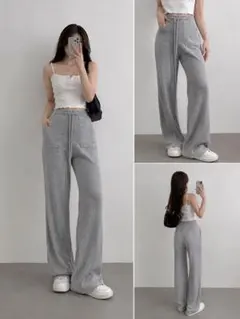GU リブニット ワイドパンツ グレー