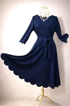 ネイビースカラップワンピ パールネックレスSET 上品 フレア 結婚式 お呼ばれ