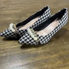 ハウンドトゥース柄 パール装飾ヒール