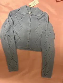 ライトブルー ダイヤモンド編み カーディガン