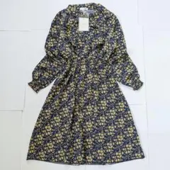 【新品】 ウエストシャーリング 長袖ワンピース 花柄 ボウタイフリル ネイビー