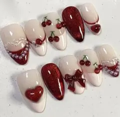 【M】ネイルチップ 韓国 量産 マグネット リボン ウィッシュコア チェリー 春