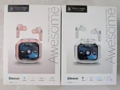 ②Awesome液晶タッチパネル付きTWSイヤホン2個セット白・ピンク