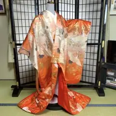 【極美品】色打掛　川島織物　鶴　朱赤系　金箔入り　金糸刺繍　フリーサイズのサムネイル