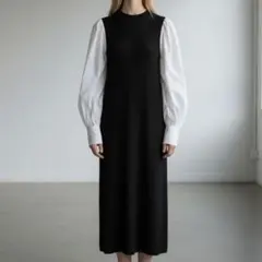 美品 GU ジーユー ロングワンピース S 黒×白 リブ バルーンスリーブ