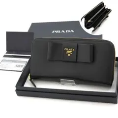✨Sランク・箱保証書付き✨　PRADA 長財布　サフィアーノレザー　リボン　黒色