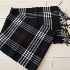 チェック柄マフラー 黒と白 フリンジ付き