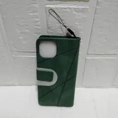 iPhone13 / 14 ケース 手帳型 財布型 グリーン 深緑 ストラップ付