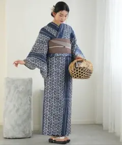 新品◇ニコアンティーク 高級変わり織 浴衣＆帯2点　紺色の絞り柄　GW限定値下