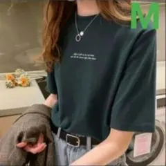 新品　ダークグリーン　М　緑　半袖　Tシャツ　英語　ロゴ　レディース　シンプル