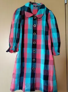 SLYチェック柄ミニワンピースブラウス緑色赤色黒色丸襟派手柄個性的レトロカラフル