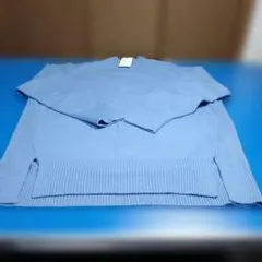 ライトブルー ニット クルーネック 長袖チュニック、女性Lサイズ