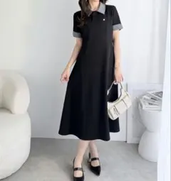 再値下げタグ付き【mily bilet】ハーフスリーブポロワンピースブラックXL