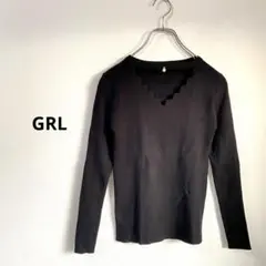 GRL グレイル リブニットカットソー スカラップネック パール装飾 黒 M