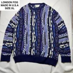 USA製ロンドンフォグ総柄3Dニットセーターxl古着立体刺繍ストライプ青ブルー