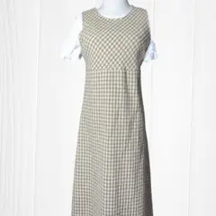 【美品】ベージュチェック柄 ロングジャンパースカート ウール混 RaMLOSSa