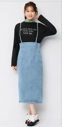 GU　サスペンダー付きデニムナロースカートSD　ブルー