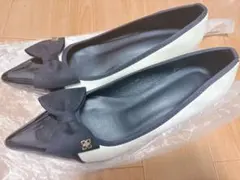 パンプス ホワイト リボン ヒール 5cm 5.5cm 24.5cm 25cm