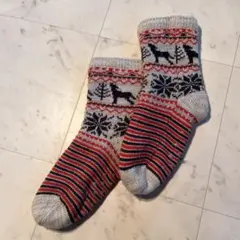 鹿と雪の結晶デザインソックス　裏起毛　冬　暖かいソックス