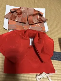 浴衣用 作り帯 結び帯 2セット組　①赤色 地柄 & ②新品未使用薄茶系トンボ柄