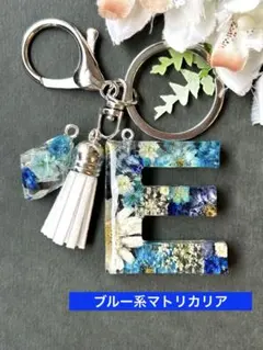 E イニシャルキーホルダー　ブルー系マトリカリア　レジンチャーム　ドライフラワー