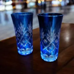 青色カットガラスグラス2個セット