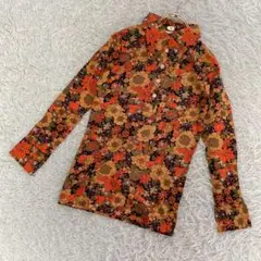 《美品》 レトロ古着 花柄シャツ オレンジ S 華やか オシャレ 大人