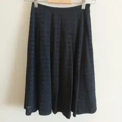 ネイビー フレアスカート ひざ丈 レース調 刺繍