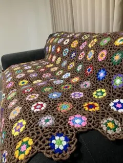 手編み　ソファーカバー　ベッドカバー　大判ブランケット　マルチカバー　モチーフ