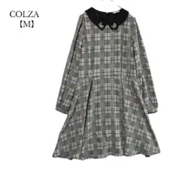 【COLZA／コルザ】ワンピース　ミニ丈　チェック柄　グレー　ビジュー　総柄　M