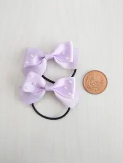 ハンドメイド　リボンヘアゴムセット淡い紫色パール付き