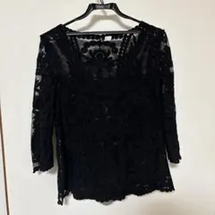 ブラック レース 花柄刺繍 五分袖トップス