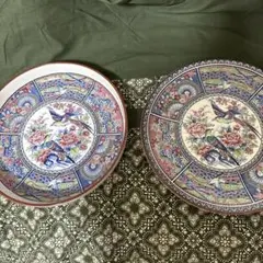 鳥と花のデザイン 陶器皿 2枚セット