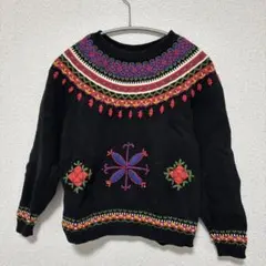 刺繍入り黒長袖ニットセーター　flowerのサムネイル