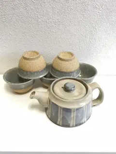 急須と湯呑み5客セット 陶器製 ストライプ