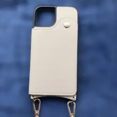 グレージュ iPhone14ケース ショルダーストラップ付き　カード入れ