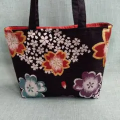帯リメイク　トートバッグ　　桜　花びら　箔　唐織　濃紺