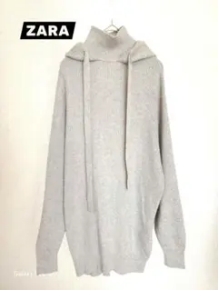 ZARA フード付きリブニットセーター グレーオーバーサイズ S