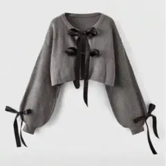 SHEIN ROMWE リボン付き ショート丈ニットカーディガン グレー